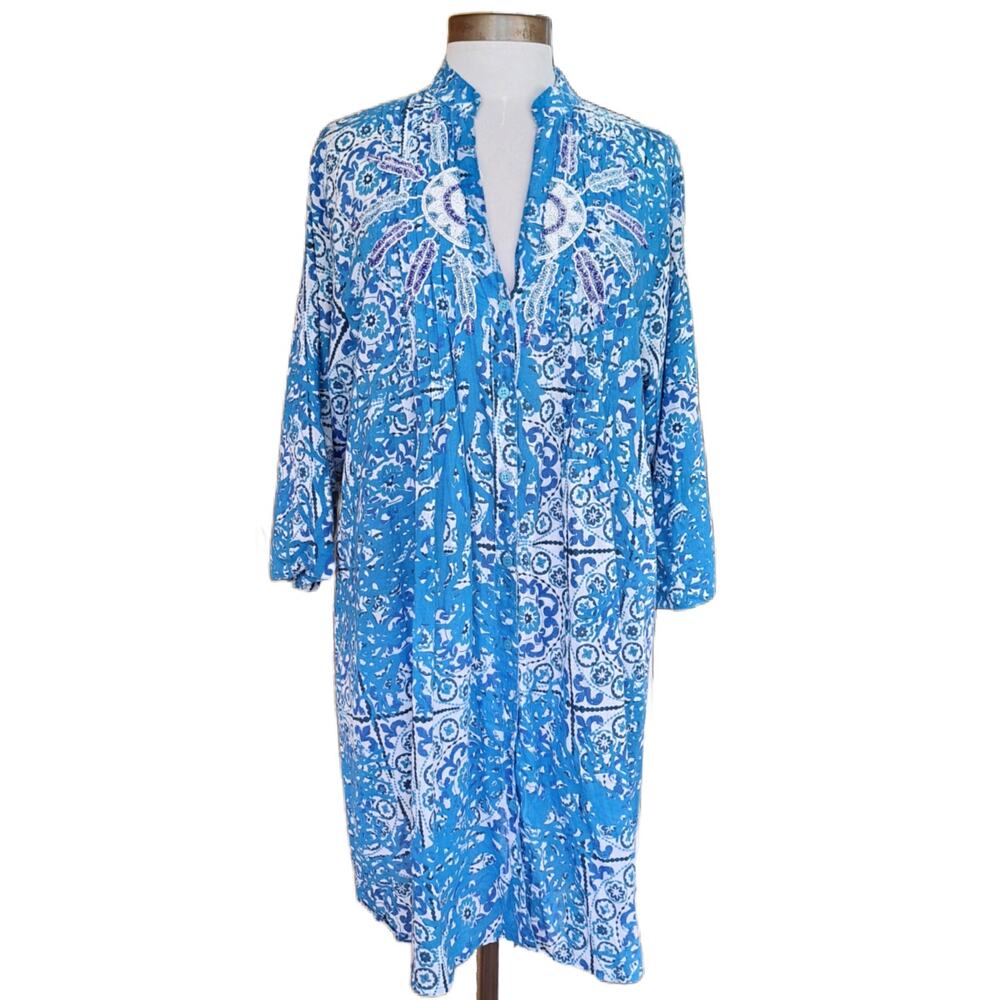 ANTICA SARTORIA Mini Dress L/XL Turquoise Beaded Pintuck Tunic Resort Beach Boho - Picture 12 of 13